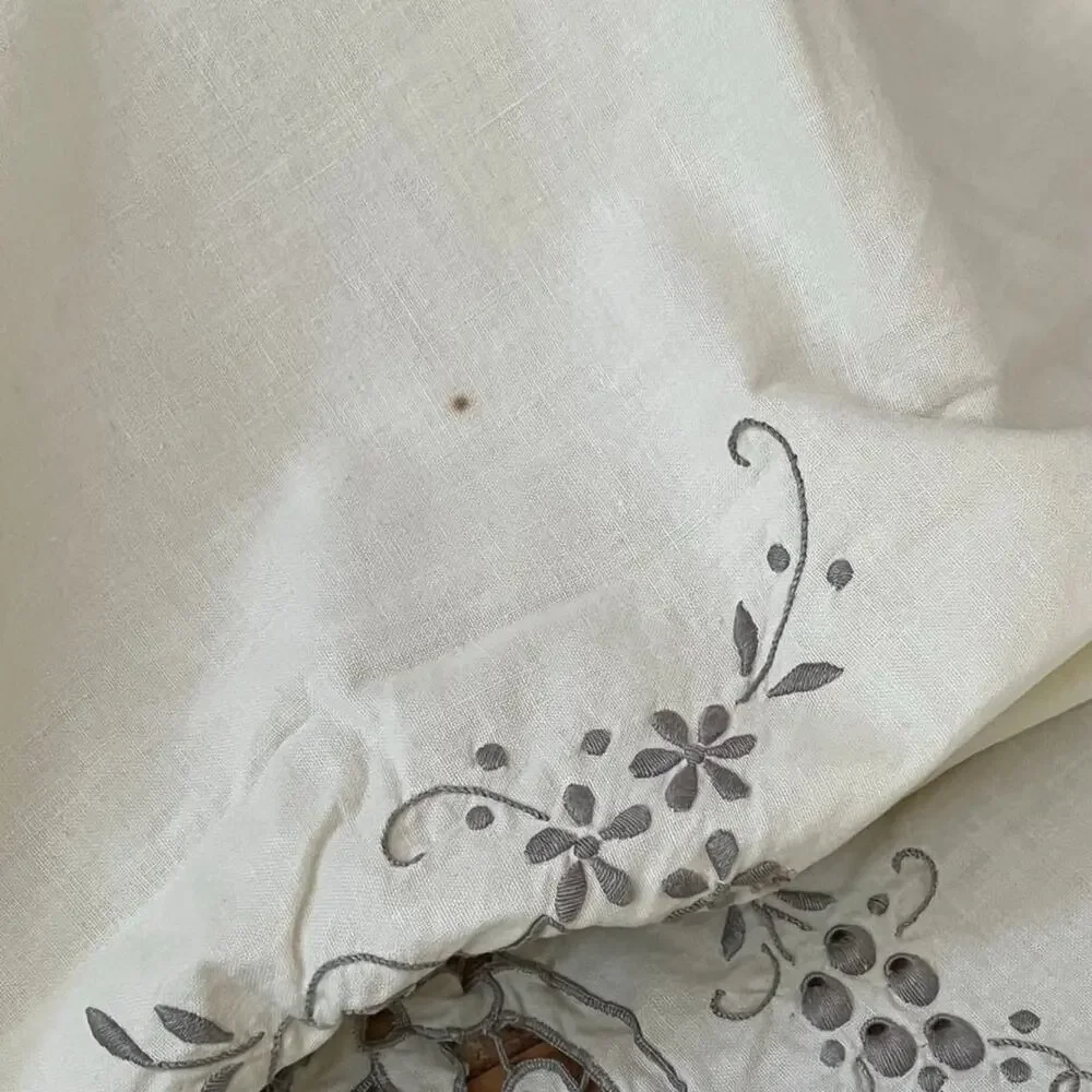 Vintage Ivory Linen Tablecloth 78” X 61” Floral Cutwork Madeira Embroidery